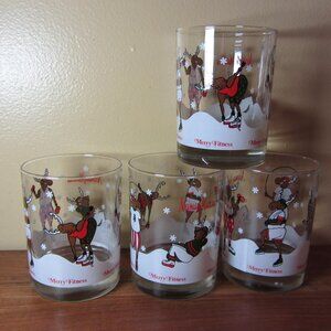 14 oz Neiman Marcus DOF glass merry fitness reindeer moose - set of 4 (W5771)
